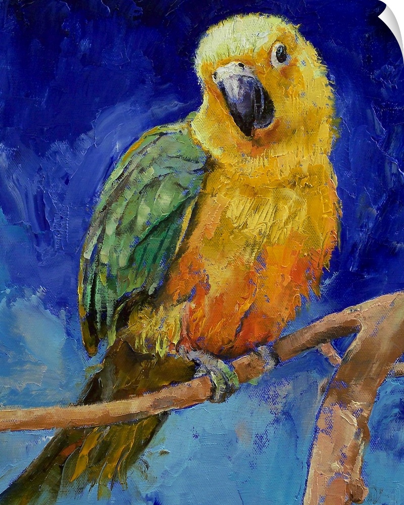 Vertical oil painting on a large wall hanging of a Jenday Conure bird, perched on a branch, against a bright blue background.