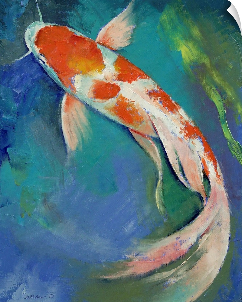 Original oil on canvas painting by American artist Michael Creese of a large koi fish with a flowing tail.
