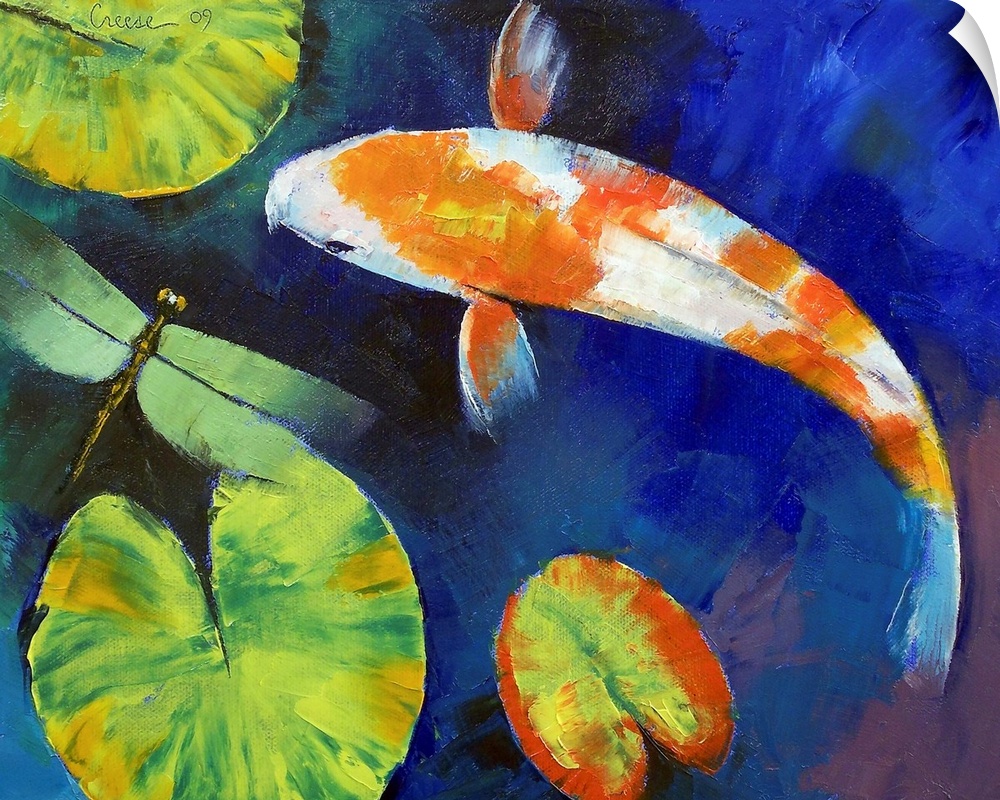Big, horizontal painting of a Kohaku koi fish swimming around several lily pads in deep blue waters, while a dragonfly fli...