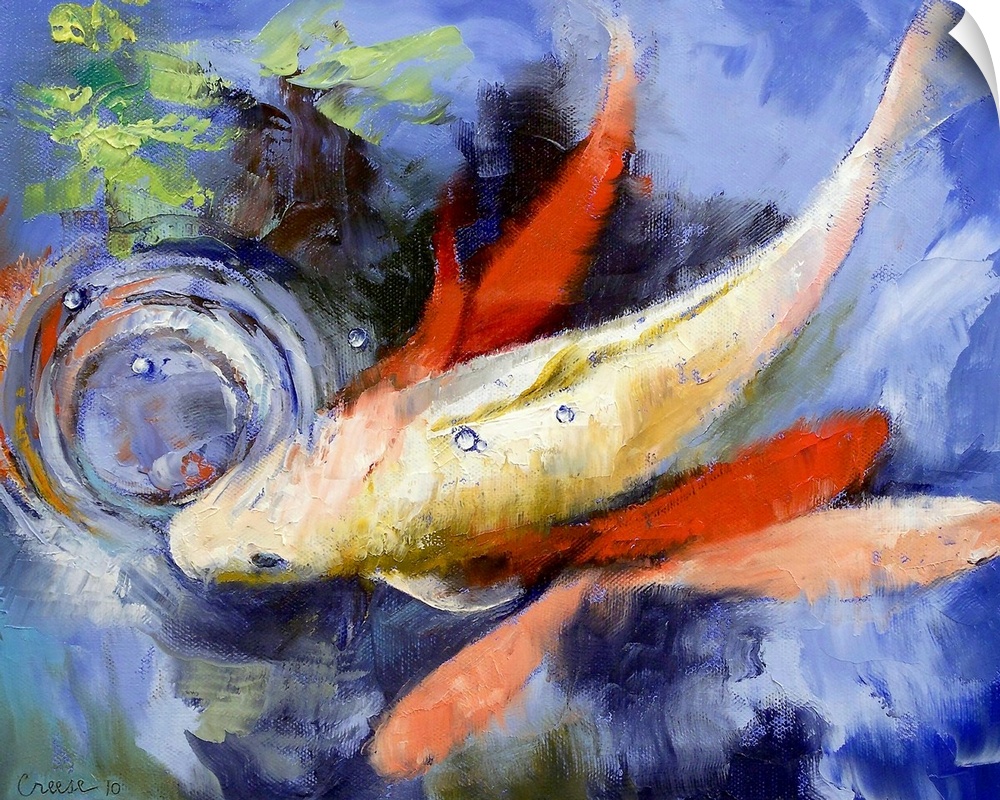 Large painting of a fish in a koi pond from above.
