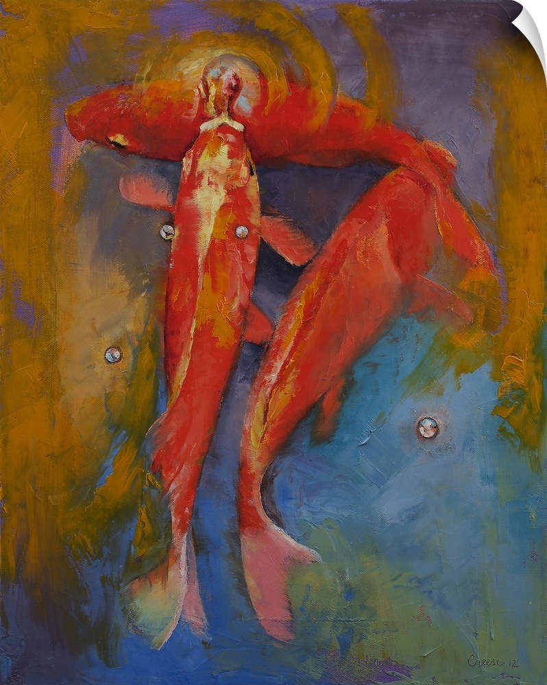 Contemporary artwork of three red koi fish, one blowing bubbles in the water.
