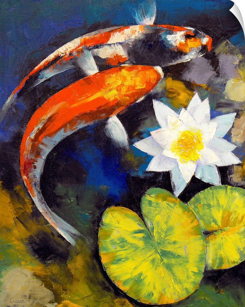 Big contemporary art portrays a couple fish swimming beneath a pair of lily pads and a flower.