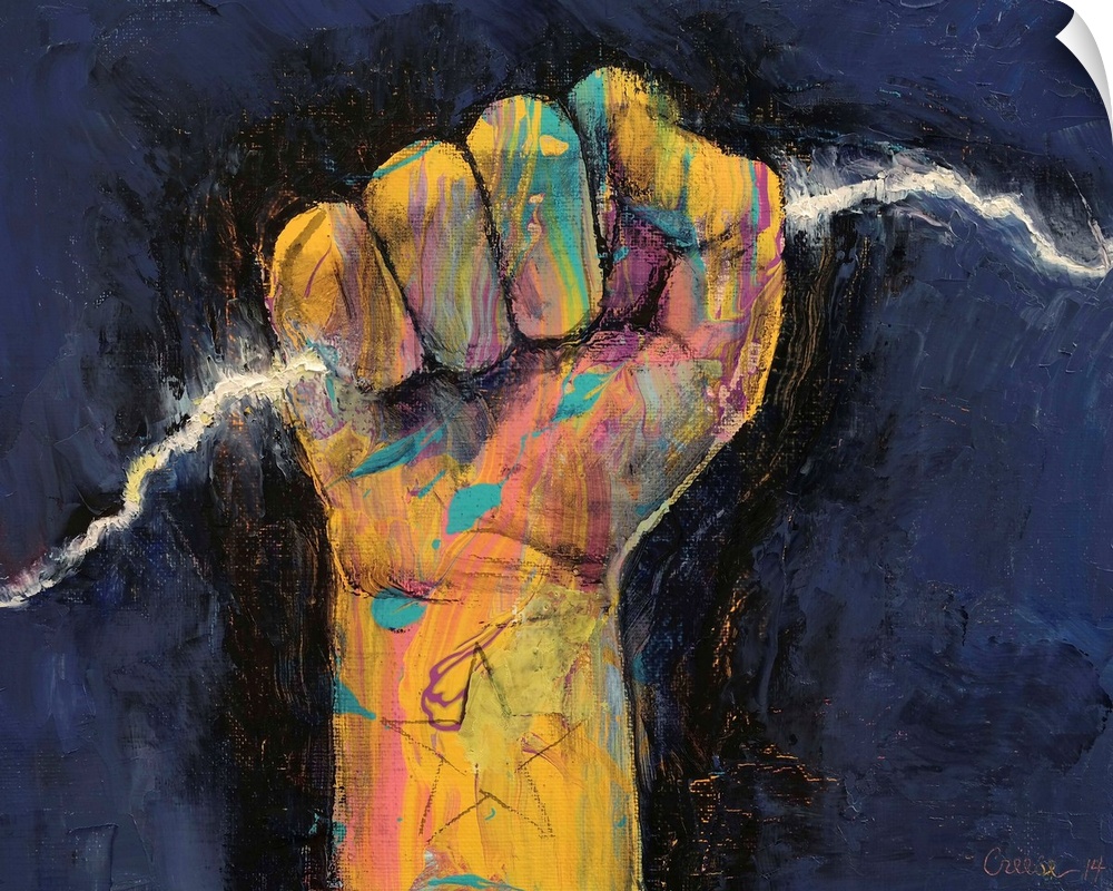 A contemporary painting of a hand holding a lightning bolt.