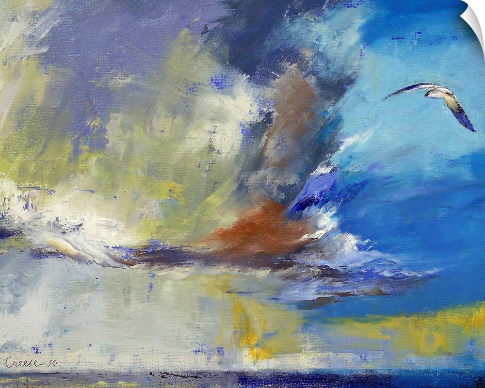 Big contemporary art portrays a lone bird flying over an open body of water on a sunny day.