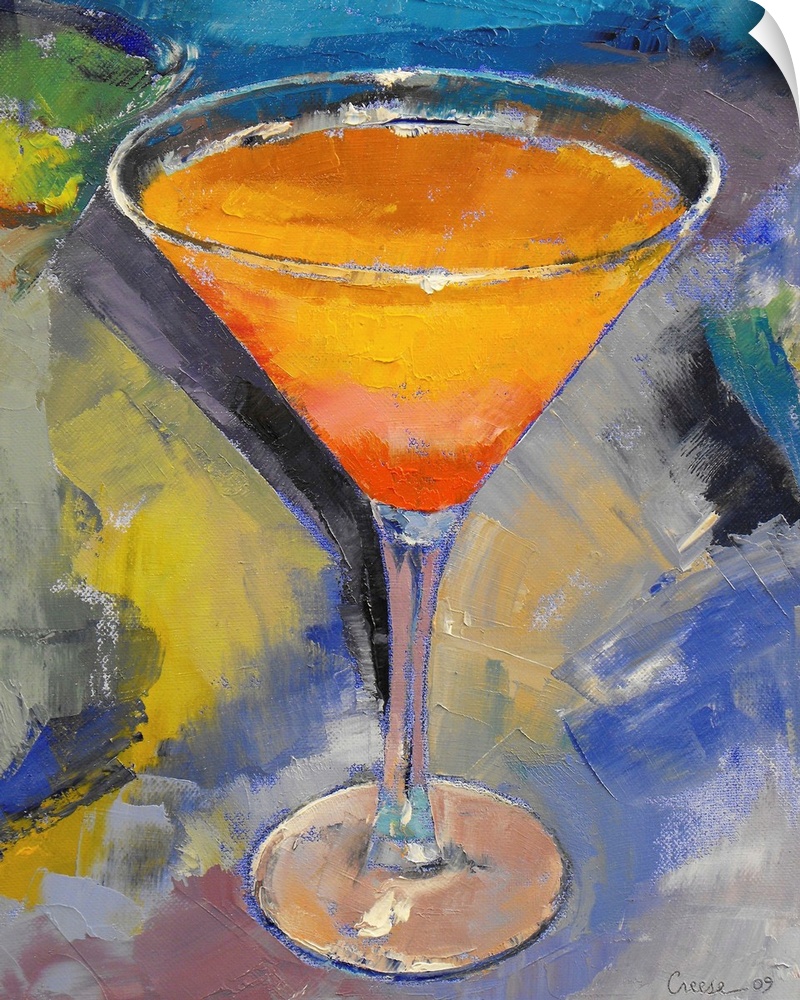 Vertical, large contemporary painting of a vibrant mango martini in a glass, on a multicolored background of thick, short ...