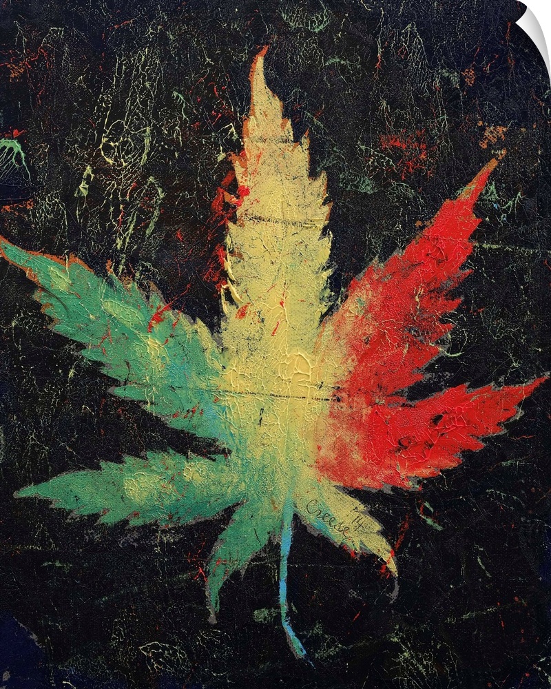 A contemporary painting of a Rasta colored plant leaf.