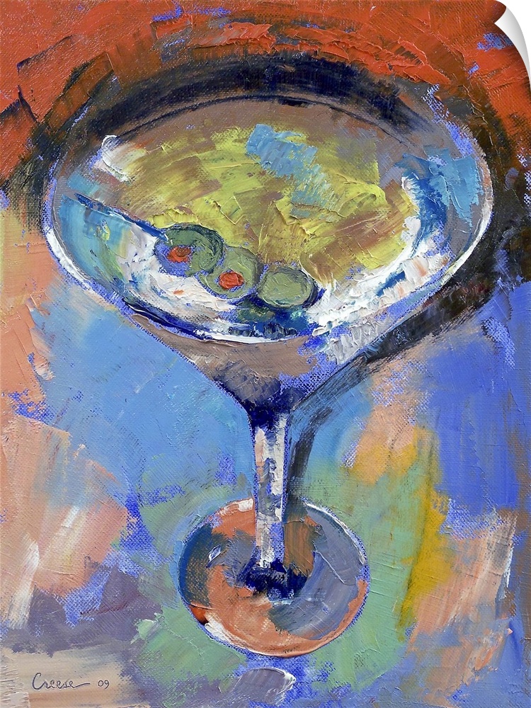 An oil painting on canvas of a martini glass with three olives in it. Numerous colors and brushstroke techniques are applied.