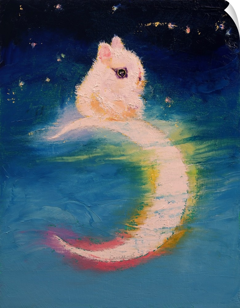 A contemporary painting of a tiny white bunny sitting on top of a crescent moon.