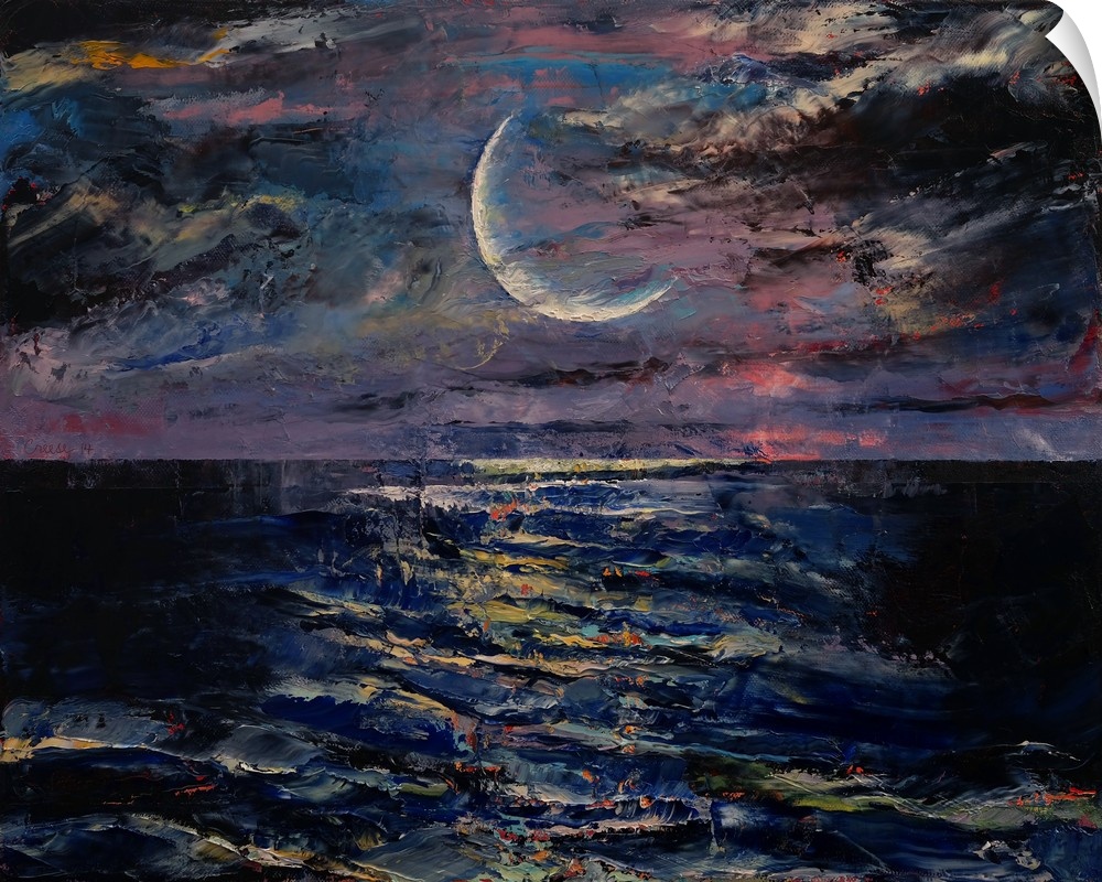 A contemporary painting of a crescent moon above a sea.