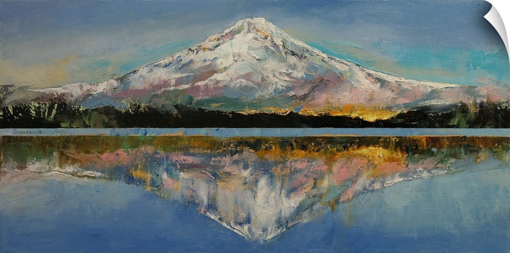 A contemporary painting of Mount Hood reflecting in the lake below it.