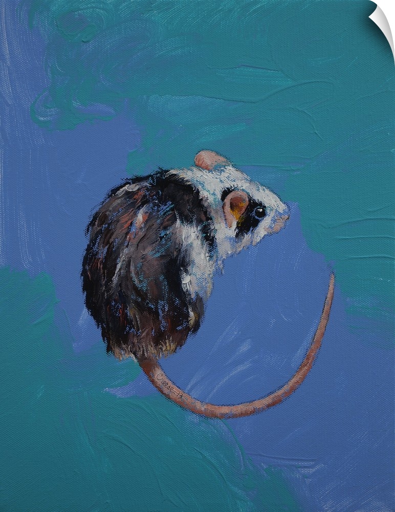A contemporary painting of a black and white mouse.