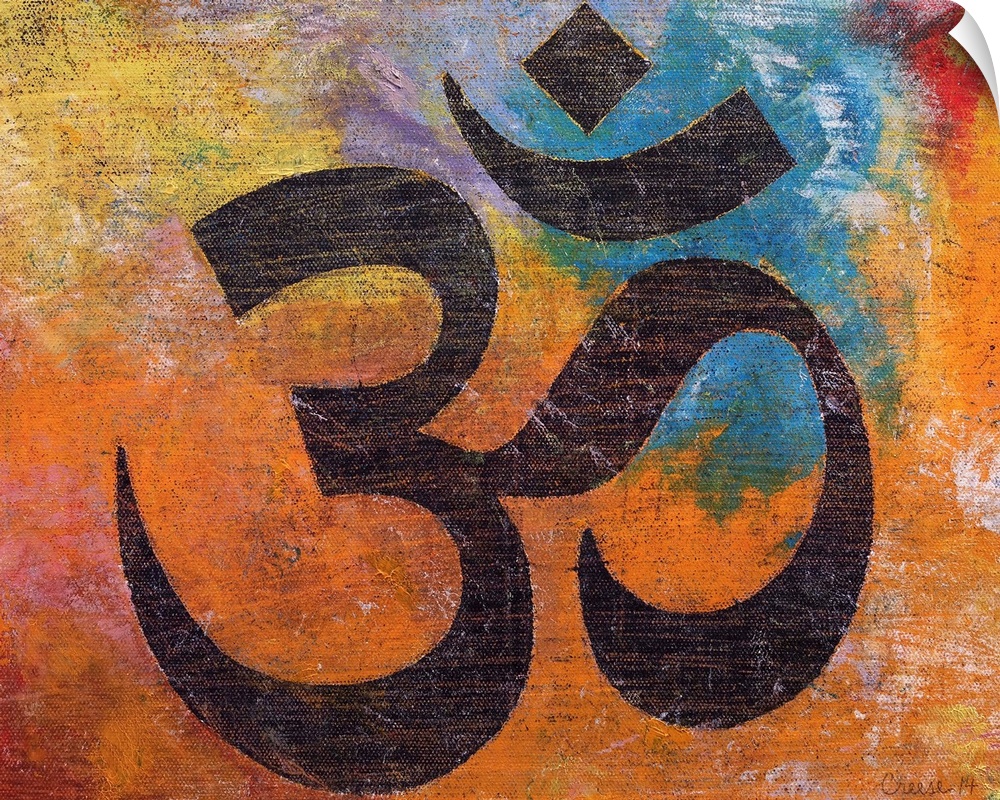 A contemporary painting of an Om against a colorful background.