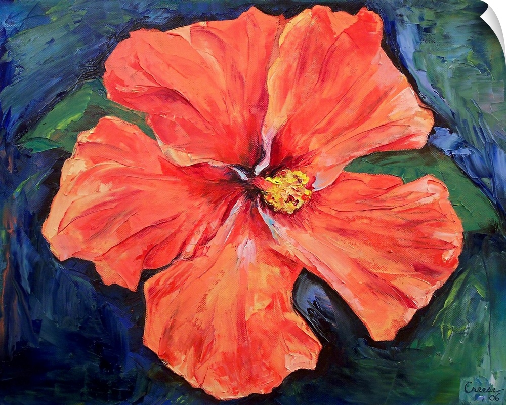 Large floral art focuses on a single flower against a background comprised of earth tones and a slightly rough texture.