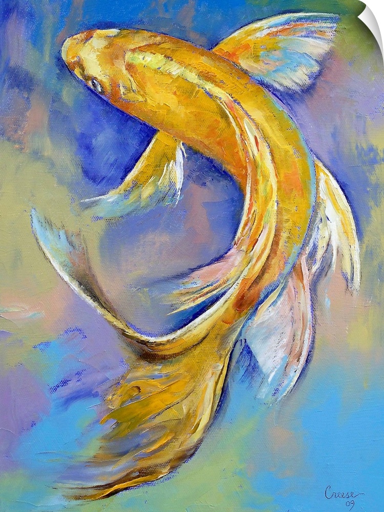 Decorative artwork perfect for the home or office of a painted golden koi fish against a cool colored background.