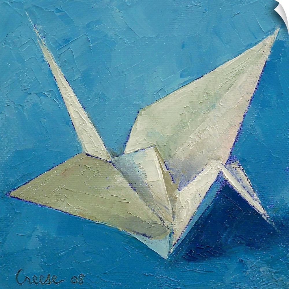 An oil on canvas piece of a white origami crane against a shaded blue background.