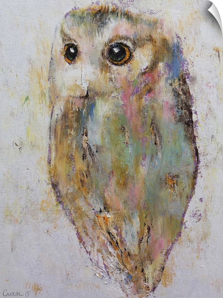 A contemporary painting of an owl against a white background.