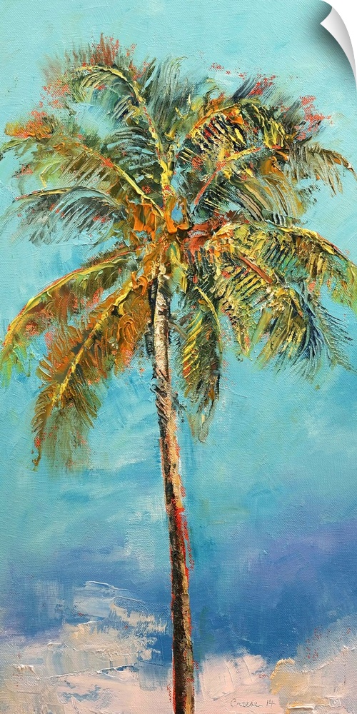 A contemporary painting of a palm tree against a blue background.