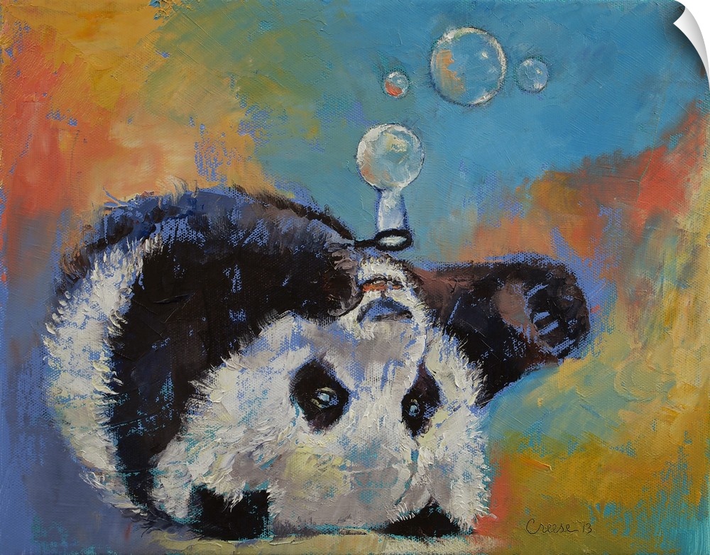 A contemporary painting of a panda bear blowing bubbles.