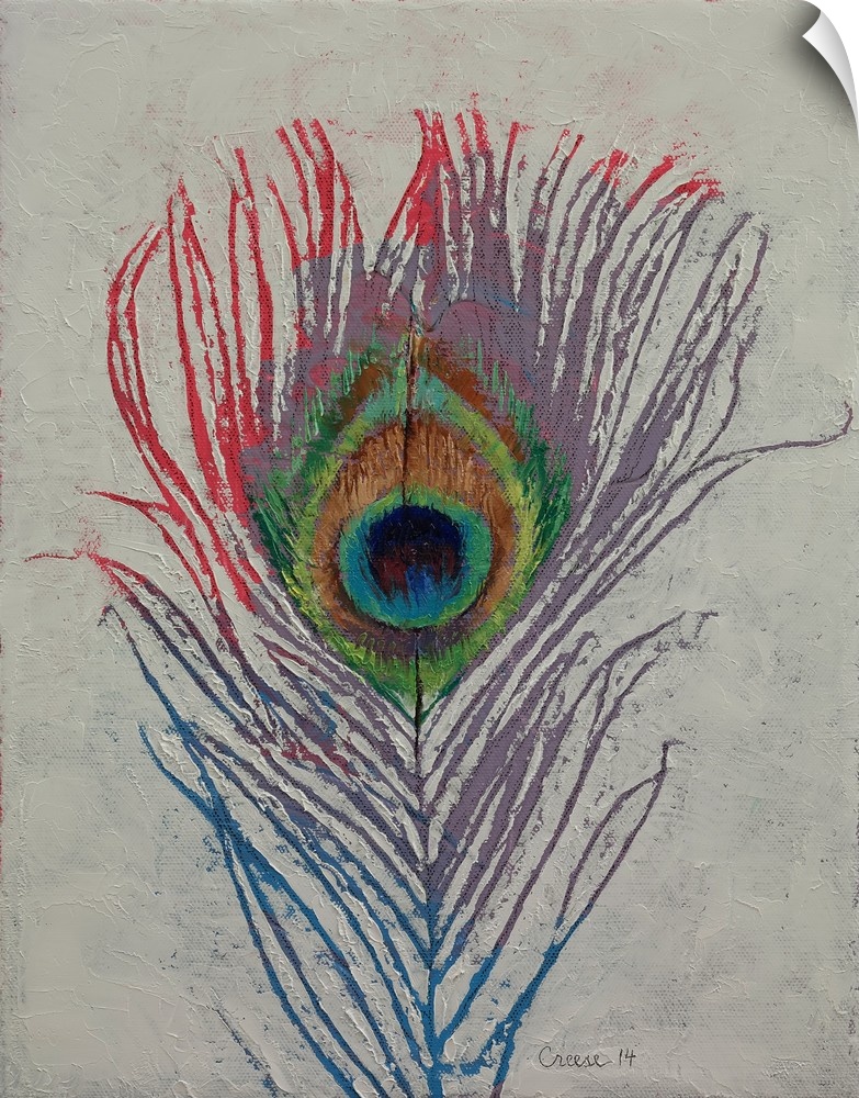 A contemporary painting of a multi-colored peacock feather.