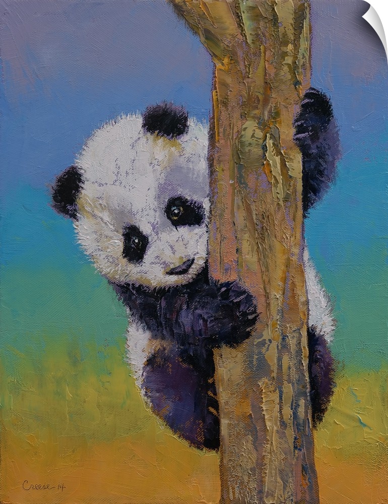 A contemporary painting of a panda bear climbing a tree.