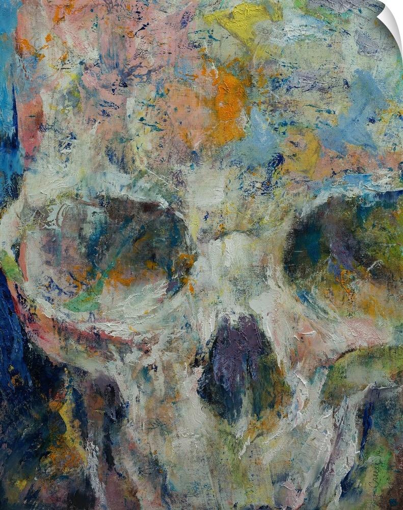 A contemporary painting of a close-up on a multi-colored human skull.
