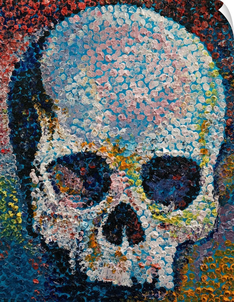 A contemporary painting of human skull made from hundreds of tiny dots.