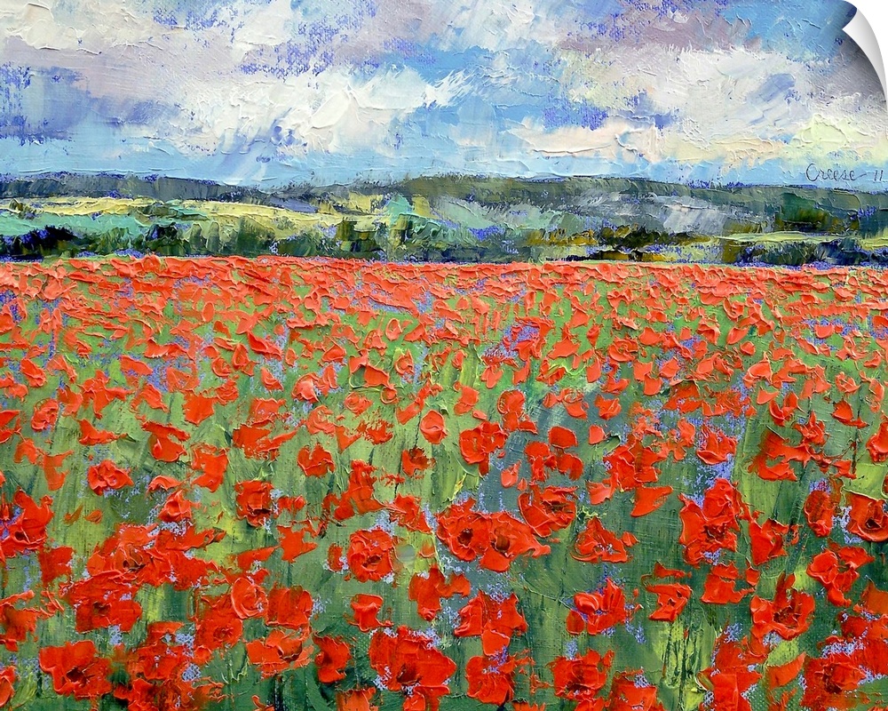 A contemporary plein air landscape painting of a meadow of poppies on a sunny day.