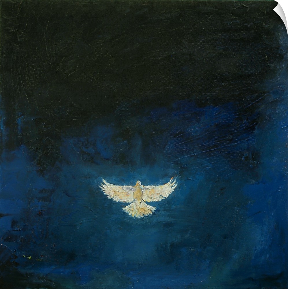 A contemporary painting of a white dove against a starry night sky.