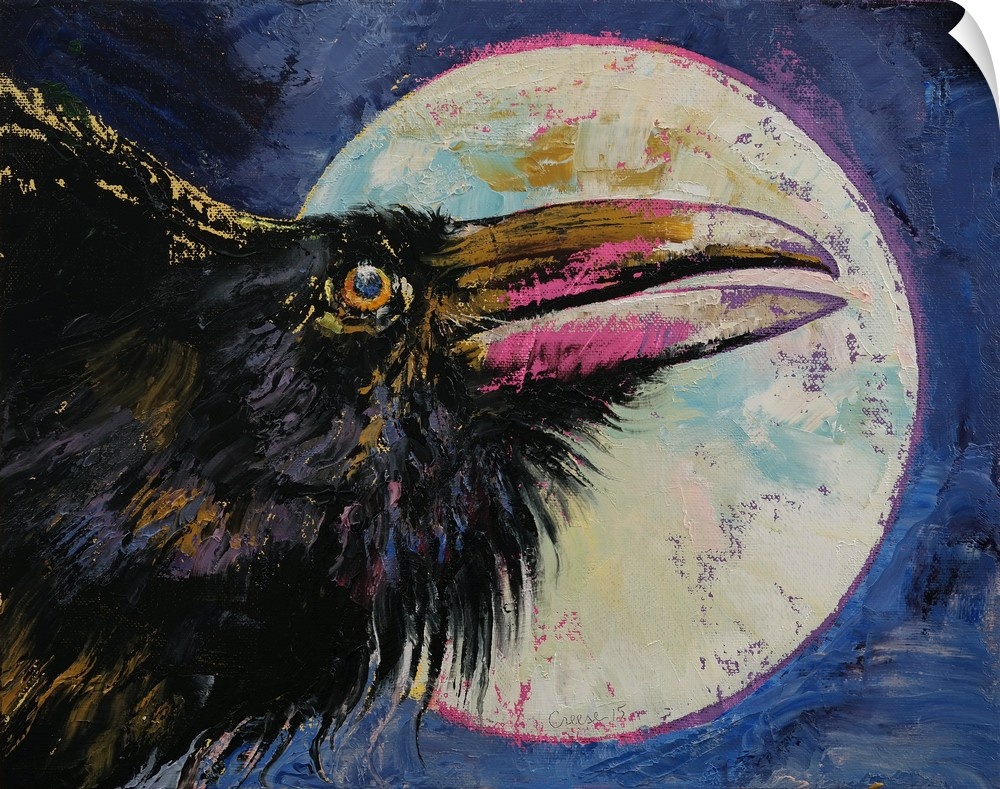 A contemporary painting of a black crow against a background of a full moon.
