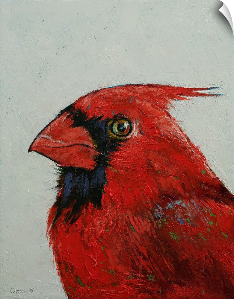 A contemporary painting of close-up portrait of a striking red cardinal.