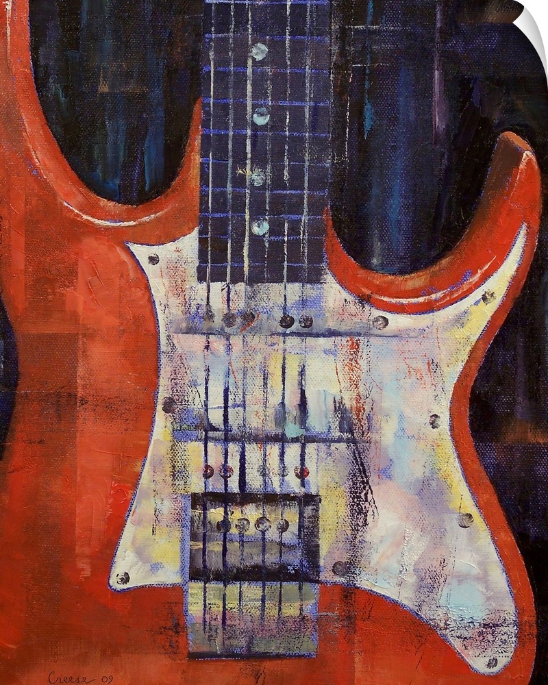 This is a vertical painting showing the detail of the body of this iconic Rock ono Roll musical instrument.