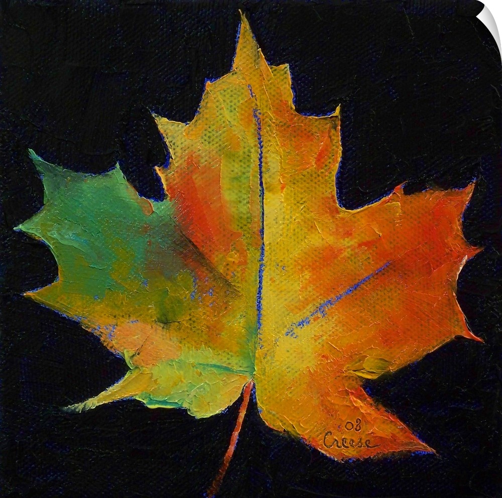 Square painting on a large canvas of a vibrant, fall colored leaf on a black background.