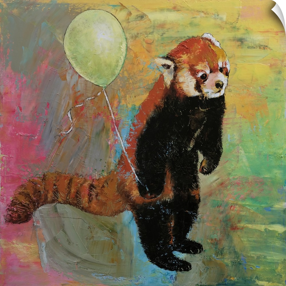 A contemporary painting of a red panda standing up holding a green balloon.