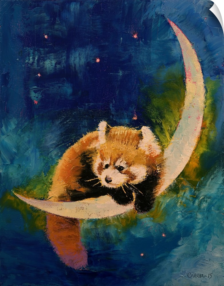 A contemporary painting of red panda sitting on a crescent moon.