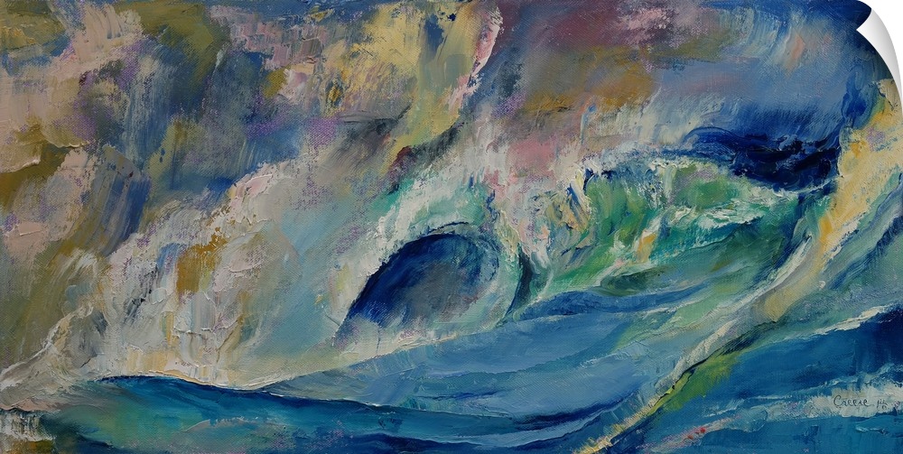 A contemporary painting of a green wave in the ocean curling over.