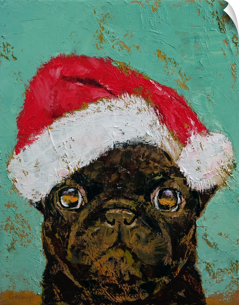 A contemporary painting of a black pug wearing a Santa hat.