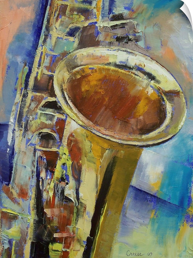 Contemporary oil painting of up-close view of saxophone.  The multicolored image is created using short brush strokes of c...