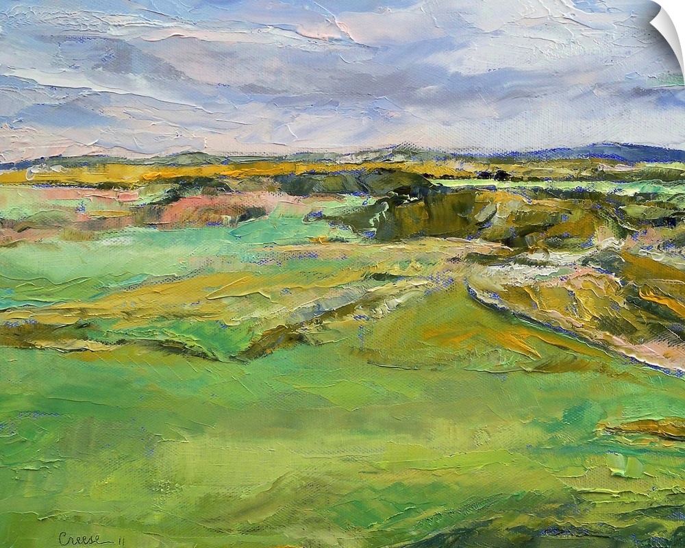 Beautiful oil painting of land in Scotland with various colors used for the field, mountains and sky.