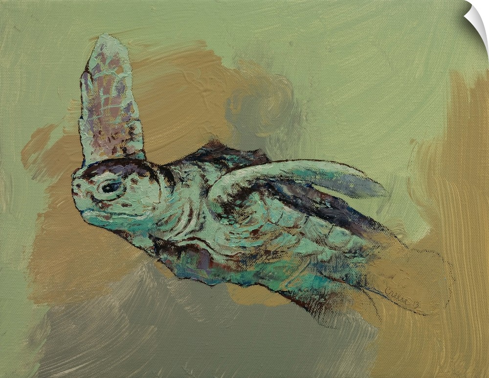 A contemporary painting of sea turtle against a pale green background.