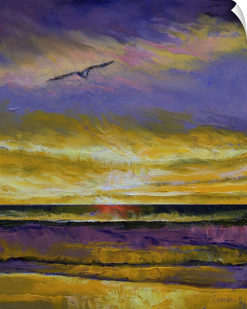 Big, vertical wall painting of a seagull flying over water at sunset.  Painted with thick ,heavy brushstrokes.