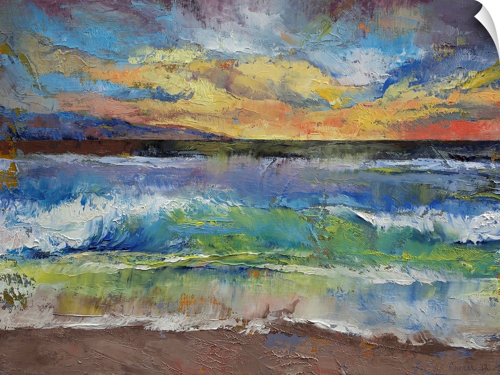 A beautiful painting that uses all different colors to create a sunset over the ocean with waves crashing onto the beach.