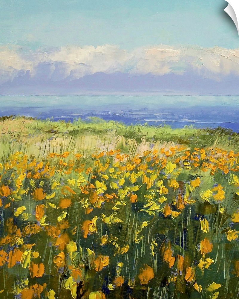 Canvas painting of a large field of poppies stretching to the sea. Vibrant coloring of the poppies is contrasted by the co...