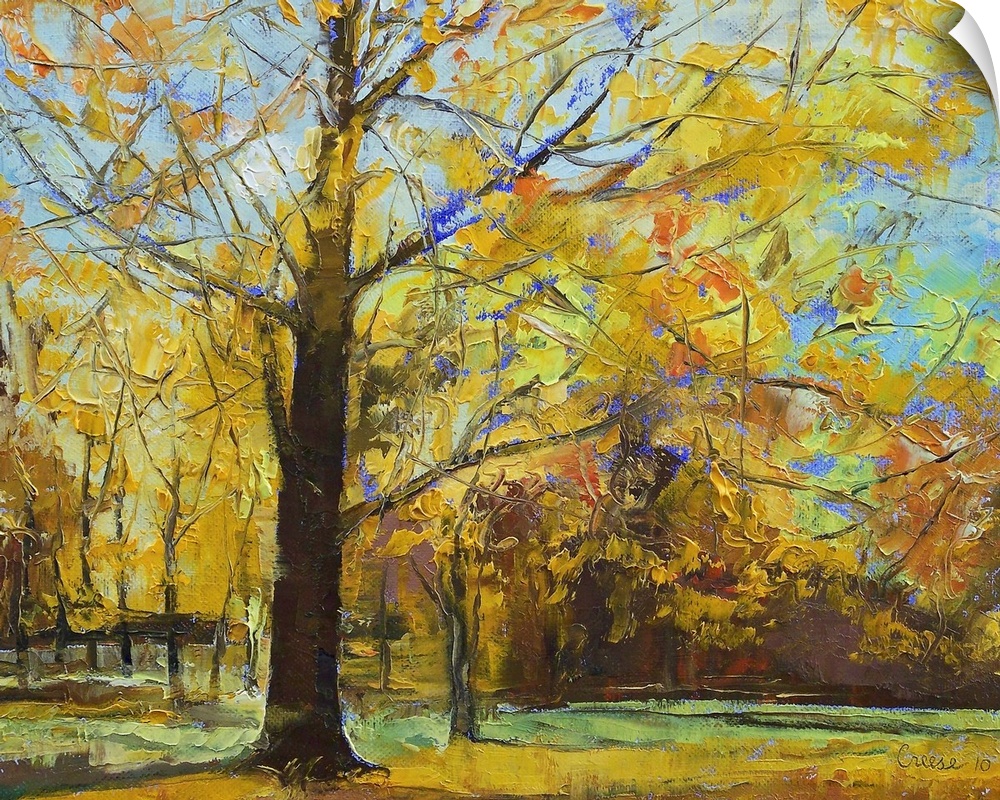 Large contemporary art depicts a park filled with trees going through the color changes of Fall.  Depth of paint added to ...