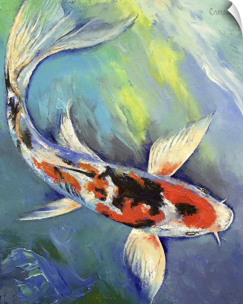 A white, black, and red koi fish with large fins swimming in cool blue and green water.