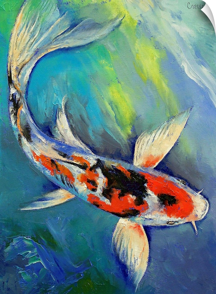 Large painting of a koi fish swimming in the water.
