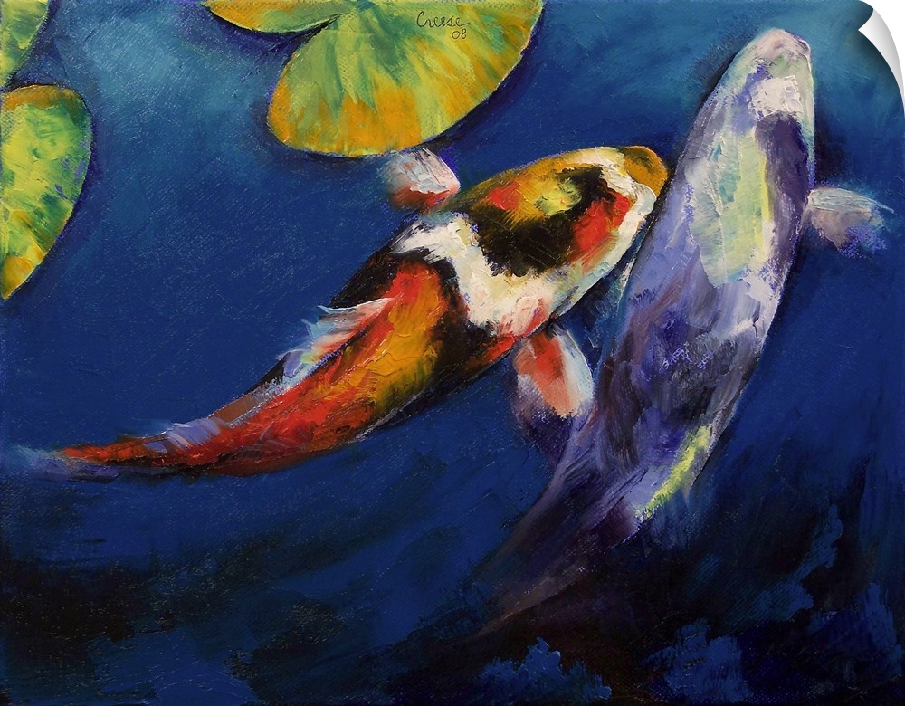 This painting depicts two koi fish. It is rendered with an impasto technique for beatuful, stained glass color effects, by...