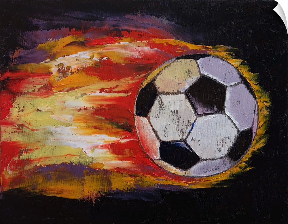 Contemporary painting of a soccer ball with flames streaming from it.