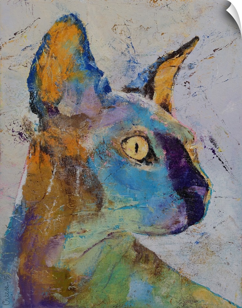 Contemporary painting of a multi-colored sphinx cat with golden eyes.