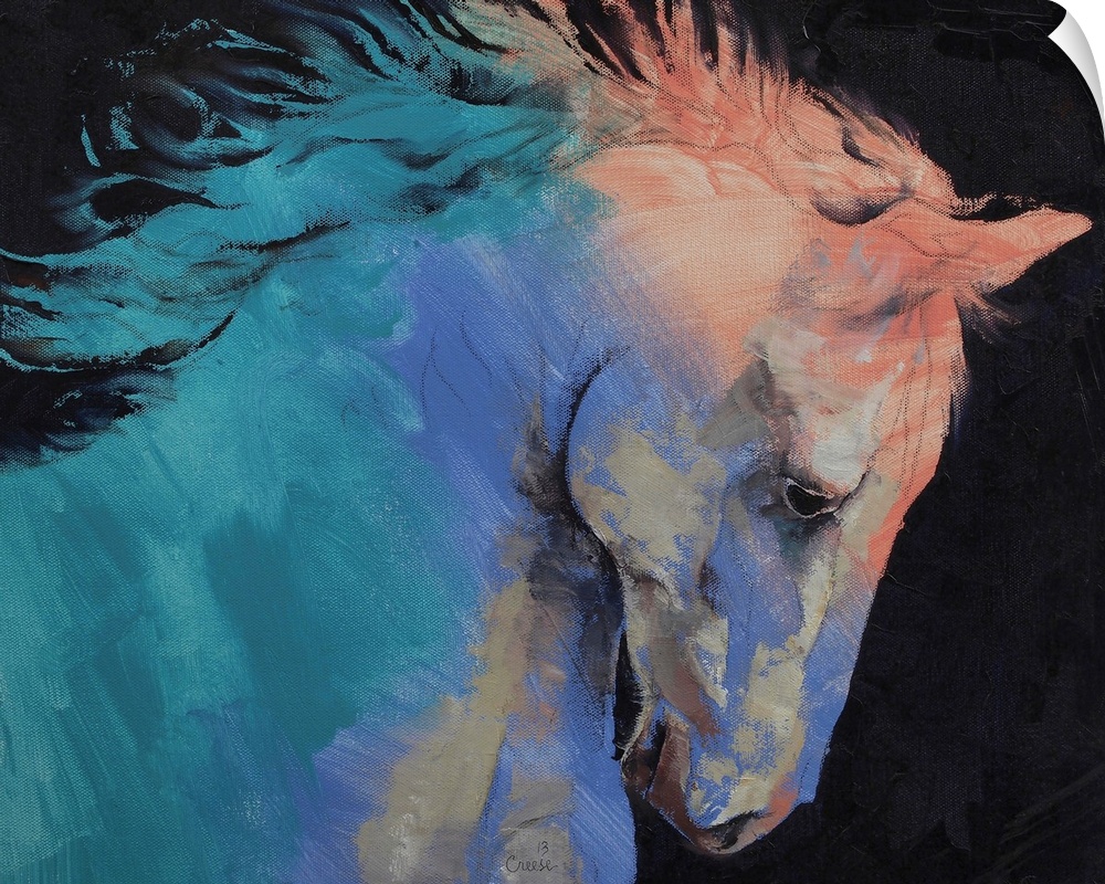 Contemporary painting of a horse's outline filled with stripes of pastel colors.