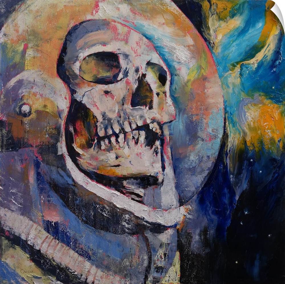 A contemporary painting of a human skull seen through the helmet glass of an astronaut suit.